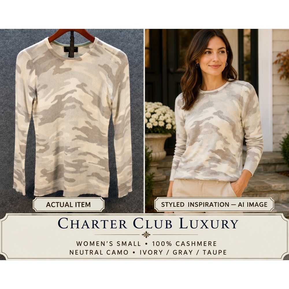Charter Club Luxury Sweater Womens S Grey Camo 100% Cashmere Crewneck Excellent